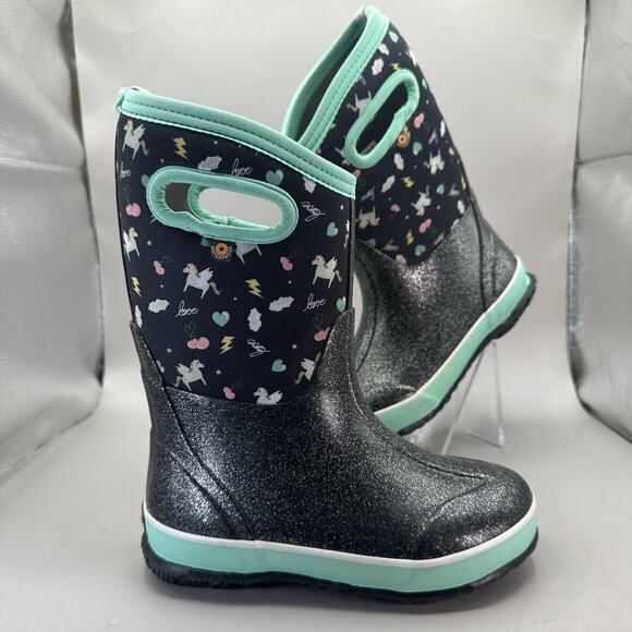 BOGS Boots Youth Size 1 Black K Classic Pegasus Unicorn Waterproof 72588-009 - Picture 1 of 10